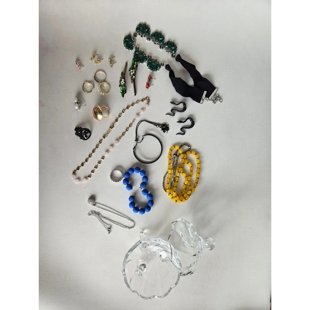 Vintage Jewelry Lot Visible Mix Necklaces Earrings‎ Rings + Glass Trinket Jar